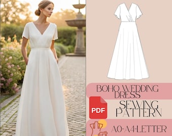 Short Sleeve V Neck Boho Wedding Dress Sewing Pattern, Bridal Dress Pattern, DIY Wedding Dress Digital Sewing Pattern Cottagecore Dress