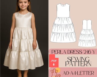 Girls Tiered Satin Dress Sewing, Prom Dress (PDF Pattern) US 2-30