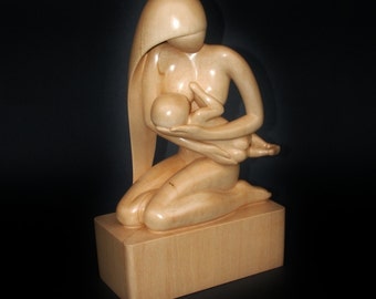 Nude woman wood sculpture MOTHER and BABY