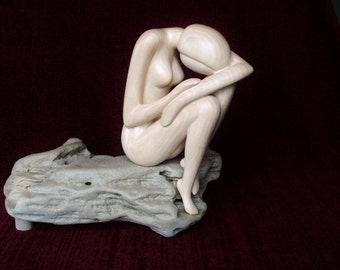 Nude  Woman wood and sandstone sculpture THINKING