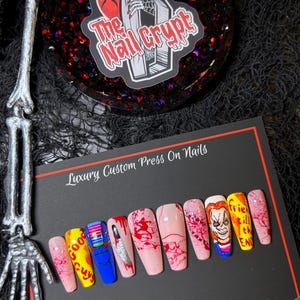Good Guy | Press on Nails | child’s play movie nails | spooky nails | horror nails | chucky nails | Halloween nails | blood splatter nails
