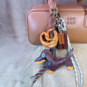 Adorable Leather Dachshund bag charm with Pretzel,  Chocolate with Lego Block bag charm, Rope Keychain Purse Charm Accessories, Unique gift