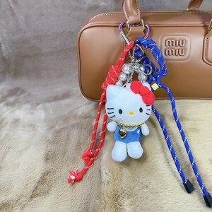 Classic Red and Blue Hello Kitty Bag Charm, Kawai pearl keychain bag charm, Rope Keychain Purse Charm Accessories, Unique gift