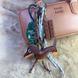 Leather Dachshund Bag Charm: Chocolate Surfboard Keychain Accessory