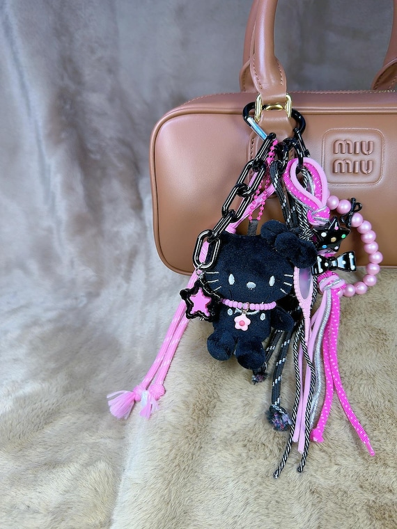 Black Hello Kitty Keychain Set: Pink Beads & Tassel Bag Charm - Etsy
