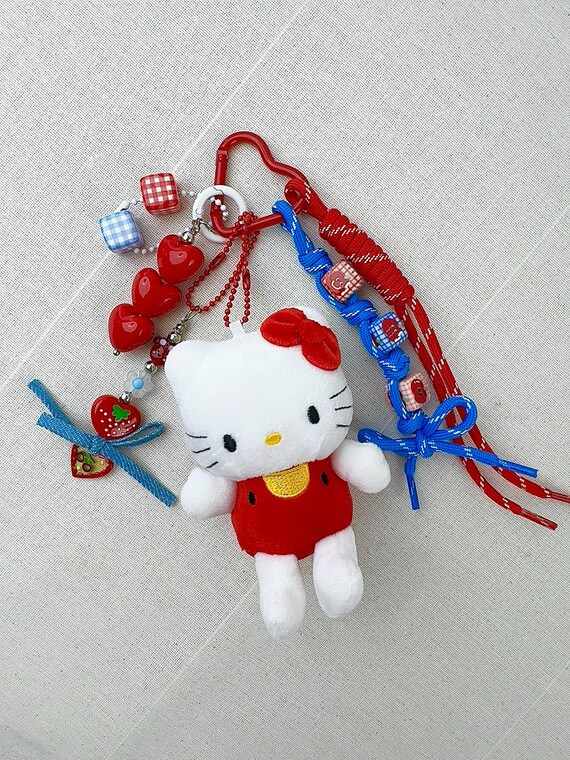 Hello Kitty Plush Bag Charm: Red Strawberry Heart Keychain - Etsy