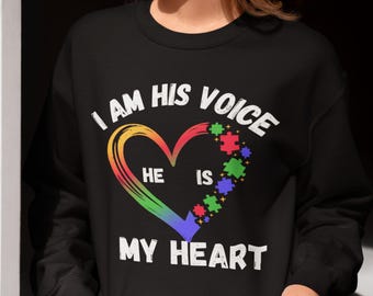 Autism Awareness Mom and Son Shirt - I Am His Voice, He Is My Heart, Puzzle Piece Design trendy shirt design
