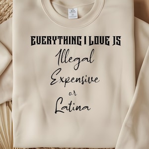 Könnte beinhalten: Ein beiger Pullover mit schwarzem Text, der "Alles, was ich liebe, ist illegal, teuer oder Latina" lautet.