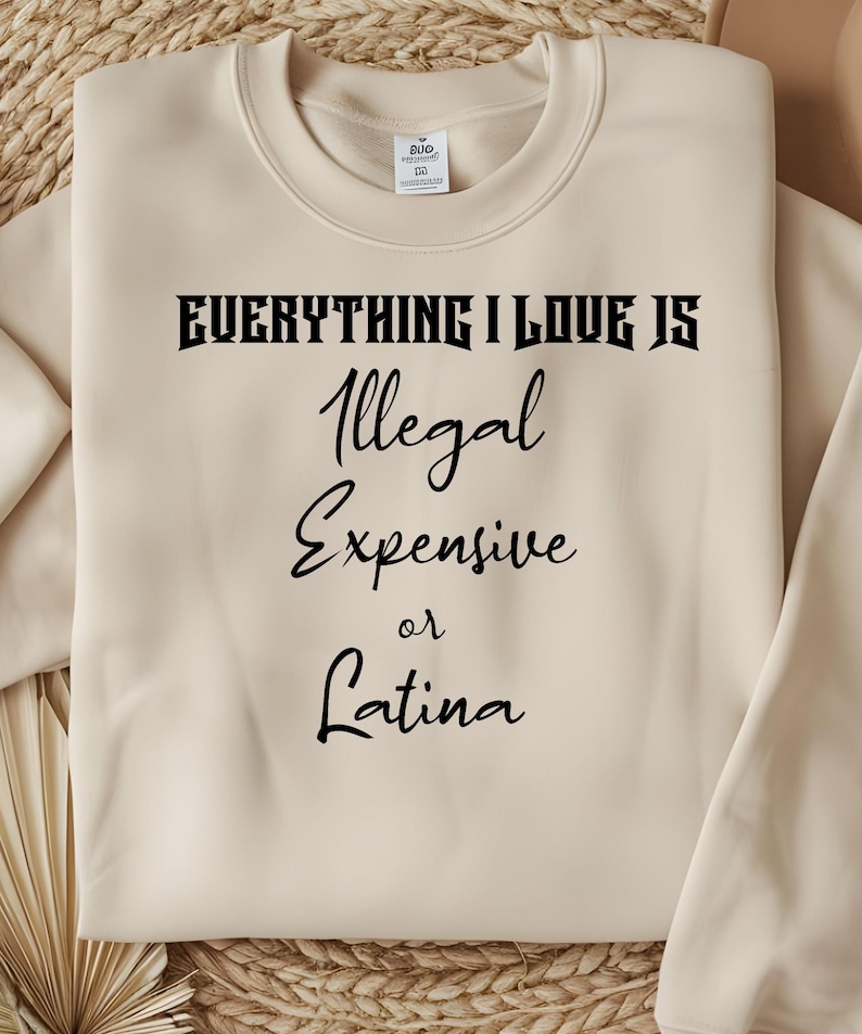 May include: A beige sweatshirt with black text that reads "Everything I love is Illegal Expensive or Latina".