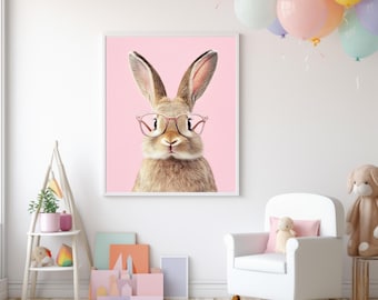 Hase mit Brille Print, süsser Tier Portrait, Kinderzimmer Dekor (Digitaler Download)