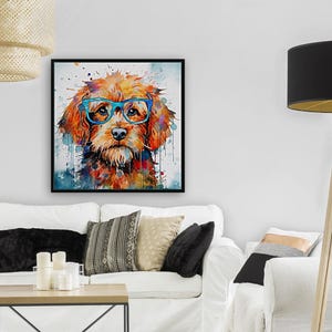 May include: A watercolor painting of a brown dog wearing blue glasses. The dog is surrounded by colorful paint splatters on a white background.