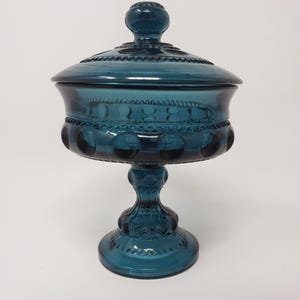 Riviera blue colony thumbprint candy jar with lid.