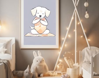 Serene meditierender Hund Yoga-Wandkunst | Boho Welpe druckbare | Sofortiger digitaler Download