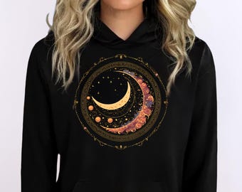 Gold Astrologischer Halbmond Mond Hoodie - Mystisches Mondphasen Sweatshirt