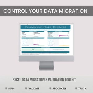 May include: A computer monitor displaying a Data Migration Integrity Dashboard with sections for dashboard summary, validation summary, operational metrics, entity validation status, and production readiness, titled Control Your Data Migration.