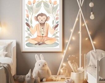 Zen Monkey Yoga Wall Art Printable | Boho Jungle Decor | Kids&#39; Room Digital Print  | Instant Download