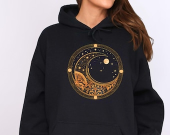 Gold Moon Phase Hoodie - Himmlisches Sweatshirt mit Halbmond und Wolken