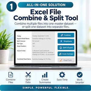 May include: A laptop screen displays an Excel File Combine & Split Tool interface with buttons for Combine, Dropdowns, Split & Export, Create Summary, and Clear Form. The screen shows data fields for report names, file types, and export folder paths.