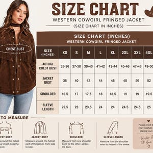 以下が含まれることがあります： 茶色のフリンジジャケットのサイズチャート。SIZE CHART WESTERN COWGIRL FRINGED JACKETの文字入り。XSから5XLまでの胸囲、肩幅、袖丈のインチ単位の測定値が記載された表と、測定方法を示す図が含まれています。