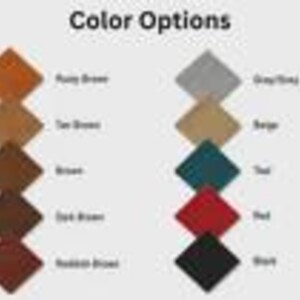 以下が含まれることがあります： Color Optionsというタイトルのカラーチャートで、2列に並んだ10個のひし形のカラーサンプルが表示されています。色はRusty Brown、Tan Brown、Brown、Dark Brown、Reddish-Brown、Gray、Beige、Teal、Red、Blackで、それぞれの名前が記載されています。