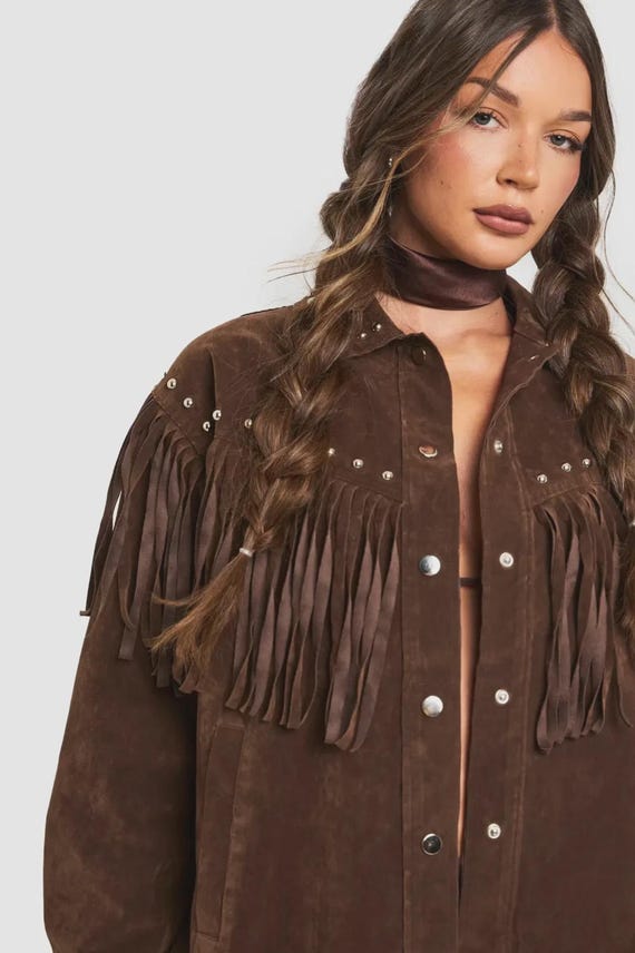 Women's Brown Western Fringe Jacket Cowgirl Cowboy Suede Style Vintage Coat