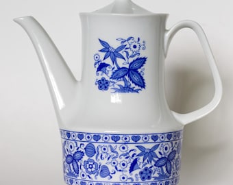 Tetera japonesa de cerámica Trimont Ware, estilo retro azul y blanco, fabricada en Japón, moderna, de mediados de siglo, vintage, coleccionable.