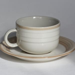 Creations Stoneware Gres Mug Saucer Set Made in Japan Teacups Stackable Coffee Mugs Light and Dark Beige Collectible Vintage Kitchenware