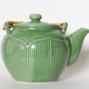 Green Ceramic and Bamboo Teapot Made in Japan Tea Accessory Vintage Kitchenware