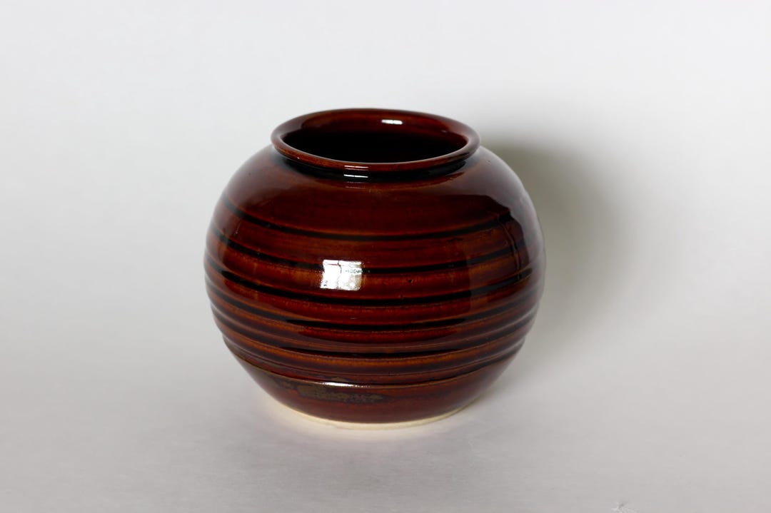 Glazed Brown Round Ribbed Vase MCM Home Decor Retro Home Accents - Etsy
