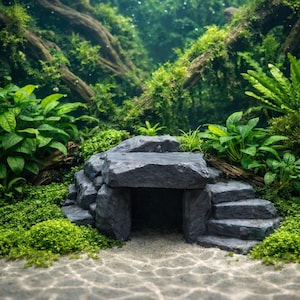 May include: A grey stone aquarium ornament with a cave entrance and steps, set amongst vibrant green plants and a sandy base. The background shows more greenery and submerged branches, creating a natural underwater scene.