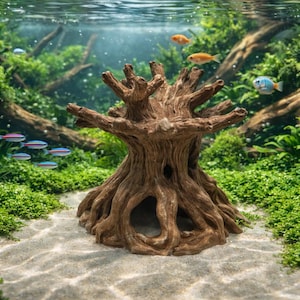 Op de afbeelding: Bruine, boomvormige aquariumdecoratie met een getextureerd oppervlak. Het kunstmatige drijfhout heeft meerdere takken en wortelachtige structuren, waardoor een natuurlijke onderwateromgeving ontstaat. Kleine, kleurrijke vissen zwemmen rond.