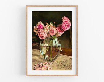 Roses in Vase Oil Painting Print A3