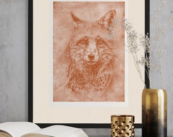 Red Fox Etching Print Style, Line Art, Ready to Frame, Antique, Vintage, Hand Drawn, Nature Lover, Woodland Animal, Animal Portrait