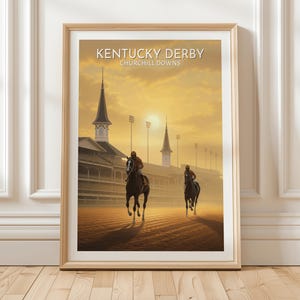 Kentucky Derby Churchill Downs Wall Art Print Featuring Horse Race Scene with Twin Spires and Sunset Atmosphere in Louisville, Unique Gift
