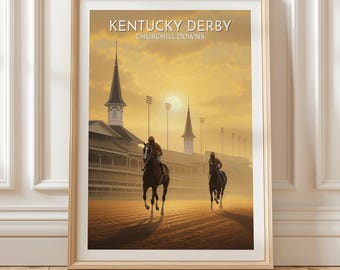 Quadro decorativo de parede do Kentucky Derby em Churchill Downs, apresentando uma cena de corrida de cavalos com as torres gêmeas e o pôr do sol em Louisville. Presente exclusivo.