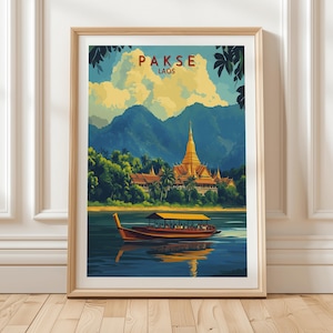 Pakse Laos Travel Poster, Laos Art Print, Asian Wall Decor, Asian Temple Scene, Southeast Asia Wall Art for Home Decor, Unique Gift Idea