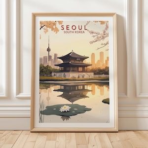 Seoul South Korea Travel Poster Featuring Lotus Pond And Traditional Pavilion With Cherry Blossoms And Modern City Skyline At Sunset, Gift