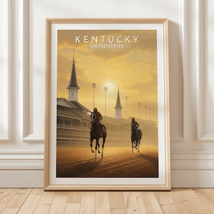 Kentucky United States Horse Racing Poster Print Featuring Iconic Churchill Downs Racetrack and Silhouetted Riders at Sunset, Unique Gift