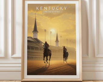 Pôster de corrida de cavalos do Kentucky, Estados Unidos, com o icônico hipódromo de Churchill Downs e silhuetas de jóqueis ao pôr do sol. Presente exclusivo.