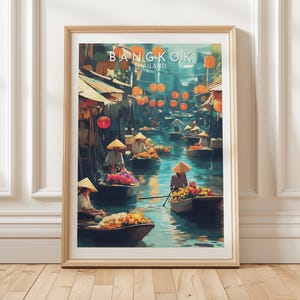 Bangkok Thailand Floating Market Travel Poster Featuring Wooden Boats Colorful Lanterns and Traditional Vendors Selling Flowers on River