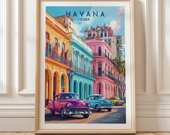 Impresión de arquitectura colorida de La Habana, Cuba, con coches clásicos y vibrantes escenas callejeras caribeñas, arte mural para decoración de viajes retro, idea de regalo de viaje.