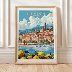 Impression d'art de voyage Menton France avec affiche colorée de décoration murale de la vieille ville, vue mer et bateaux sur la Côte d'Azur, cadeau de voyageur