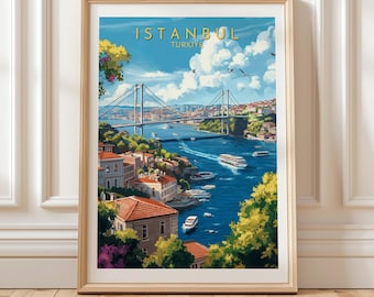 Impresión artística de pared del puente del Bósforo de Estambul, Turquía, con vistas panorámicas de los ferries, póster de viaje, decoración de paisaje costero turco, regalo único