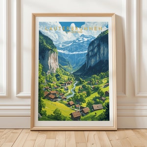 Lauterbrunnen Switzerland Art Print Featuring Alpine Village, Waterfalls, and Majestic Snowy Mountains Landscape, Gift for Travel Lovers