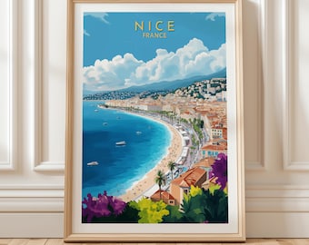 Nice France Travel Wall Art Featuring Mediterranean Beach Promenade Pastel Architecture and Boats Along the Azure Coastline, Unique Gift