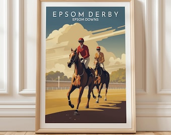 Epsom Derby Pferderennen-Poster mit Jockeys auf der Parade in Epsom Downs mit Retro-Stil und goldenem Abendlicht, einzigartige Geschenkidee