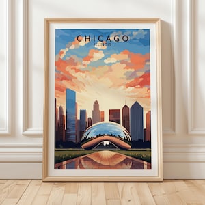 Stampa artistica in stile poster turistico di Chicago, Illinois, raffigurante la scultura del Cloud Gate con lo skyline del centro città al tramonto, un regalo unico.