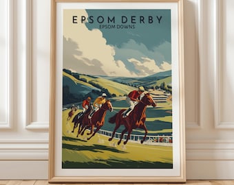 Epsom Derby Vintage Style Pferderennen Poster mit Jockeys im Galopp durch grüne Hügel auf der Epsom Downs Pferderennbahn, Geschenkidee