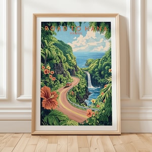 Road to Hana Hawaii Tropical Scenic Drive Art Print with Waterfall View Lush Jungle Landscape Travel Poster for Island Wall Decor, Gift