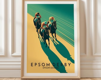 Epsom Derby Wandkunst mit Overhead-Ansicht von galoppierenden Rennpferden, die lange Schatten auf der Epsom Downs Rennbahn werfen, einzigartige Geschenkidee